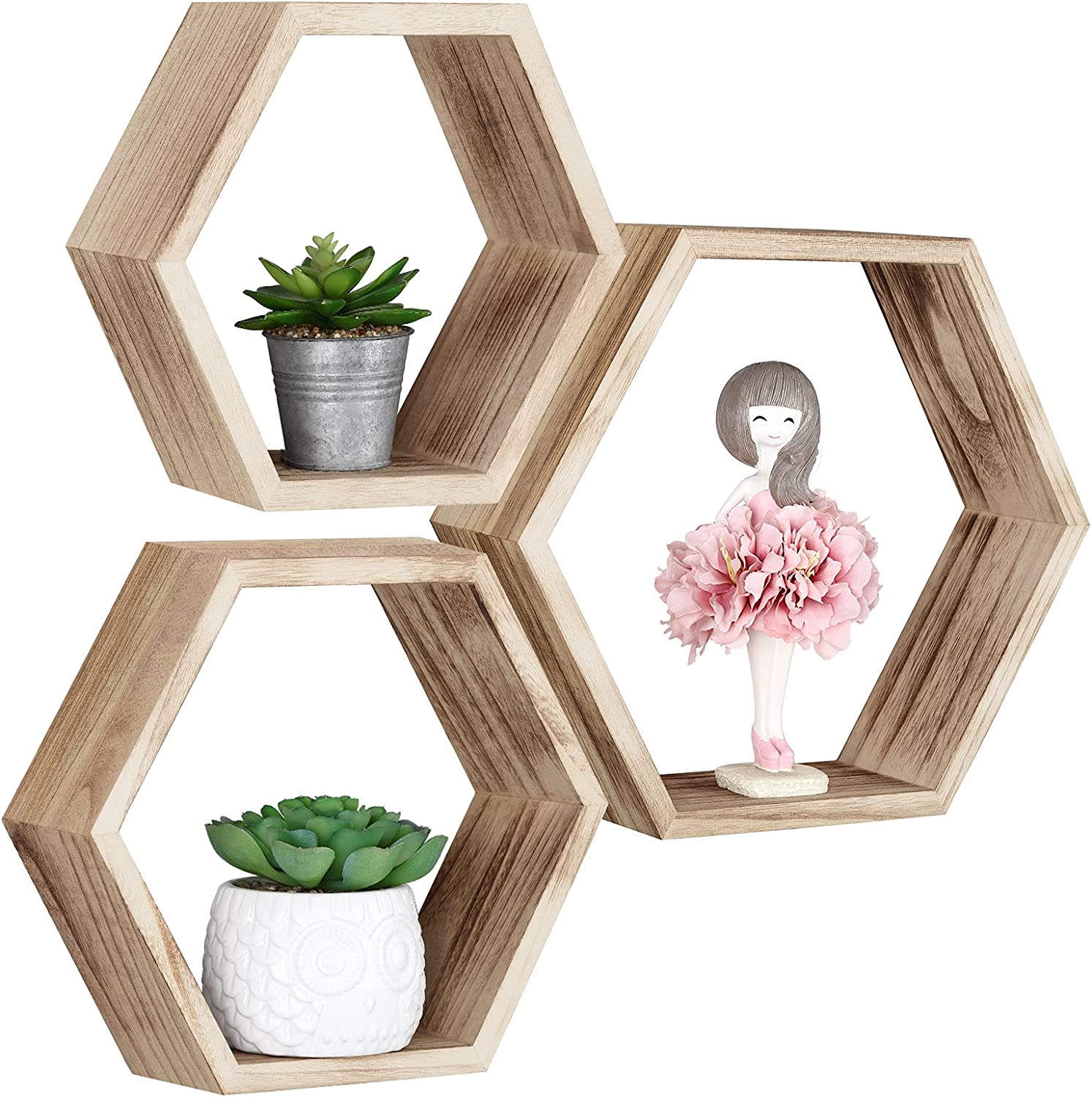 Hexagonal Floating Shelves Wall Mounted, Set of 5 Wood Farmhouse Storage Honeycomb Wall Shelf for Bathroom