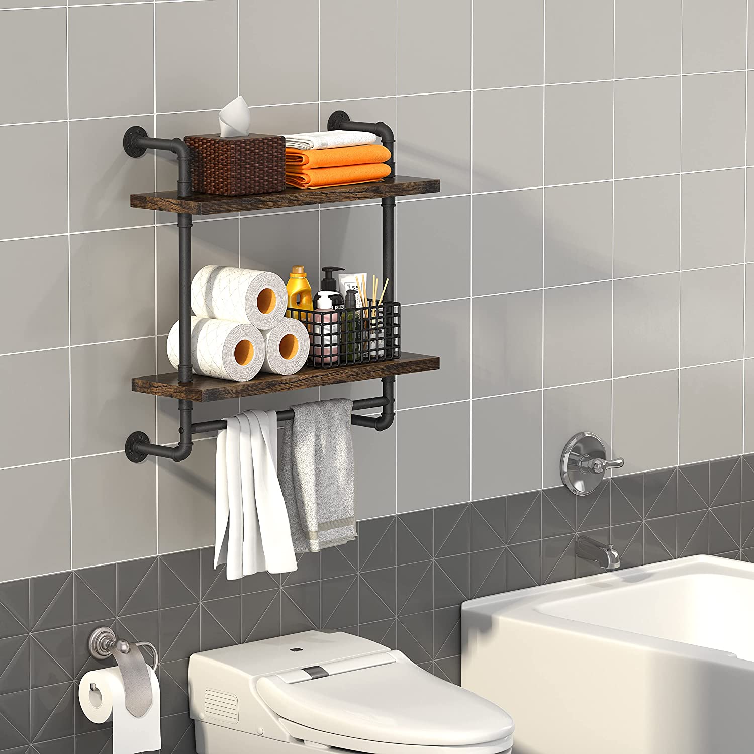 Helsin 24inch Industrial Pipe Shelving Bathroom Shelves Wall Mounted with Towel bar, 2 Tier Rustic Wood Floating Shelf