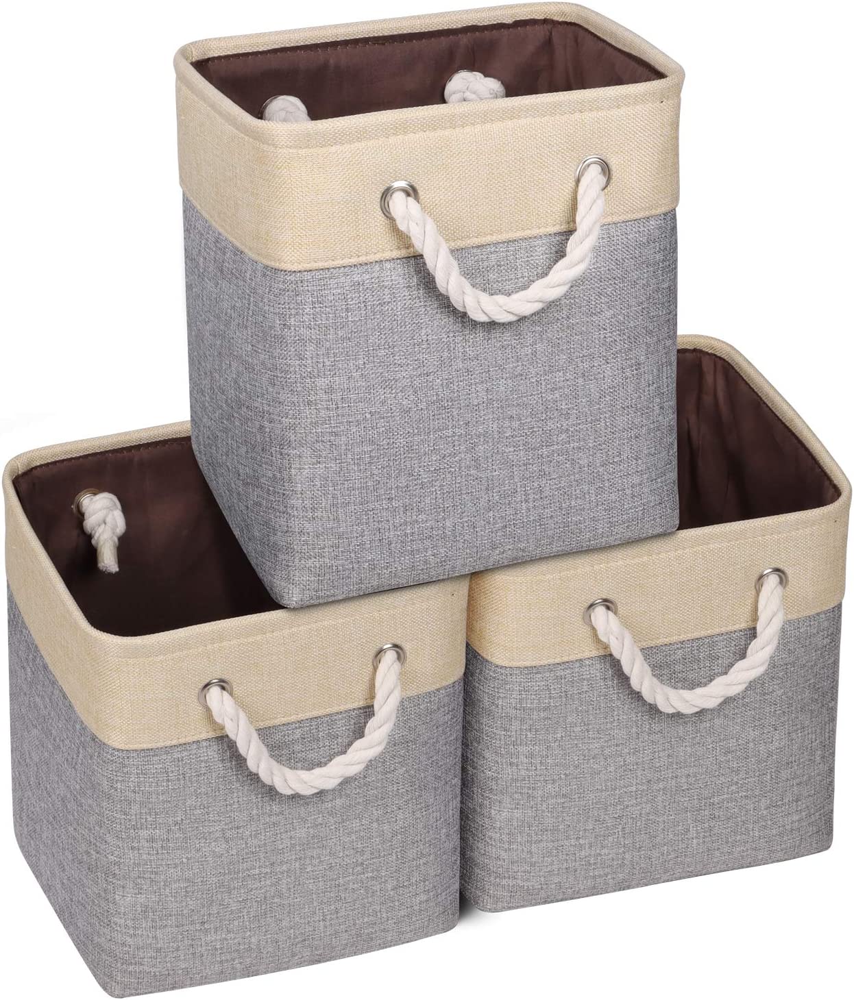 Syeeiex 10.5 Storage Cubes, 10.5'' X 10.5'' X 11'' Cube Storage Bins with Rope Handles, Storage Bin Cubes for Clothes Storage, Home, Nursery Home, Beige & Grey Set of 3