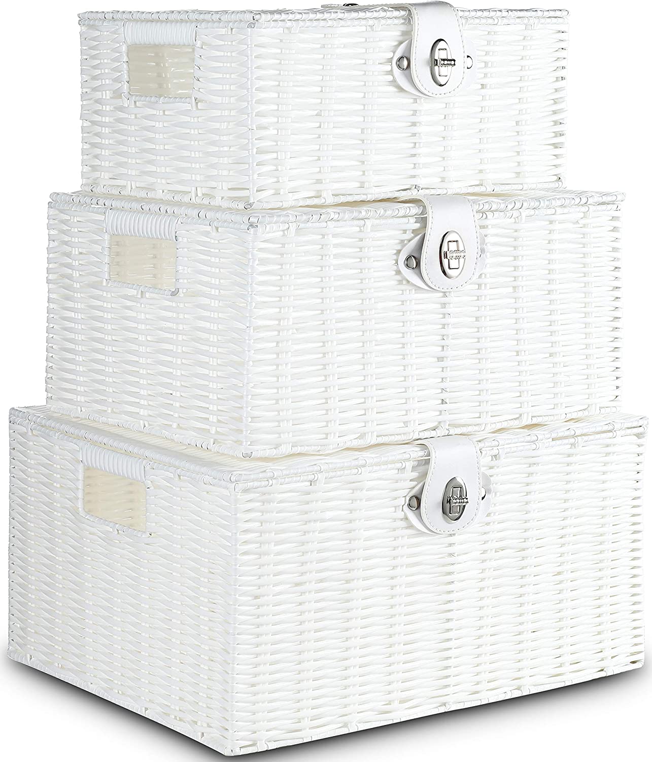 Honygebia White Woven Storage Baskets - Decorative Nesting Boxes with Lids and Locks, Easy Clean (Set of 3)