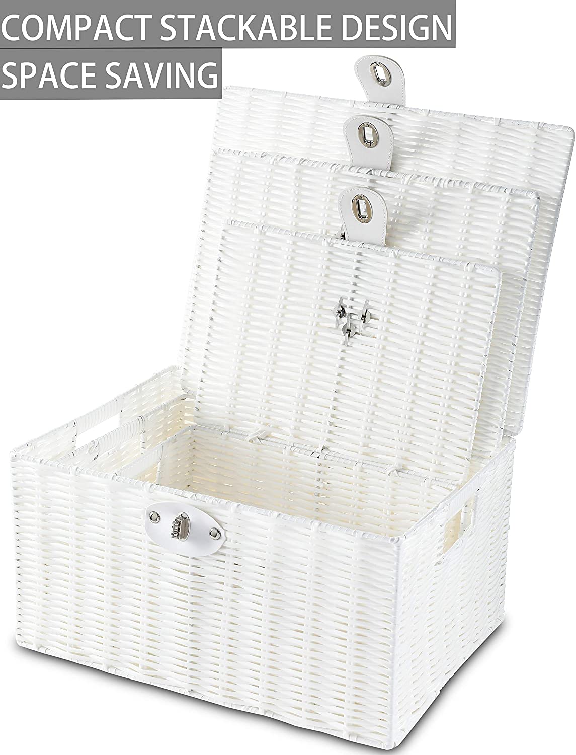 Honygebia White Woven Storage Baskets - Decorative Nesting Boxes with Lids and Locks, Easy Clean (Set of 3)