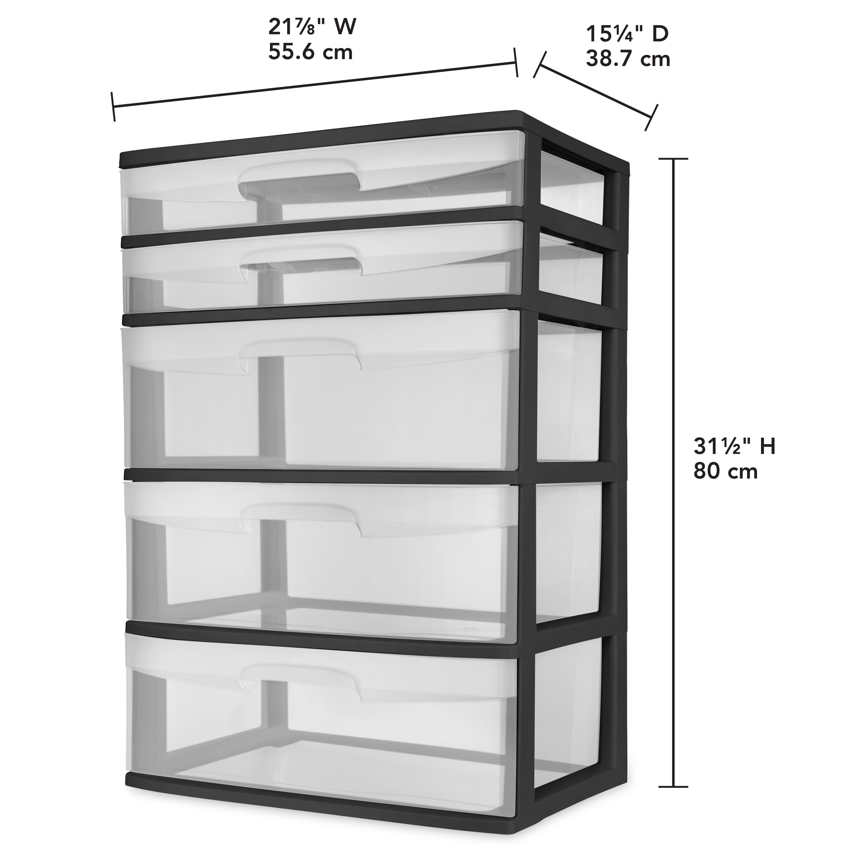 Sterilite Plastic 5 Drawer Wide Tower Black