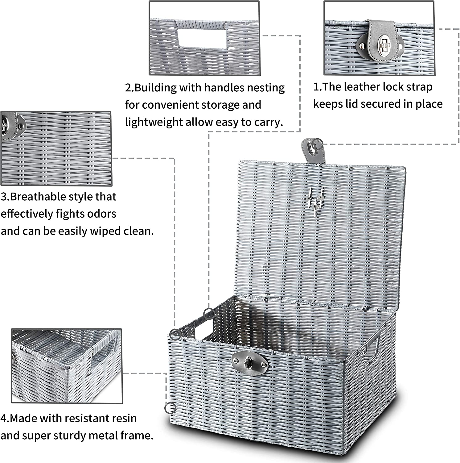 Honygebia White Woven Storage Baskets - Decorative Nesting Boxes with Lids and Locks, Easy Clean (Set of 3)