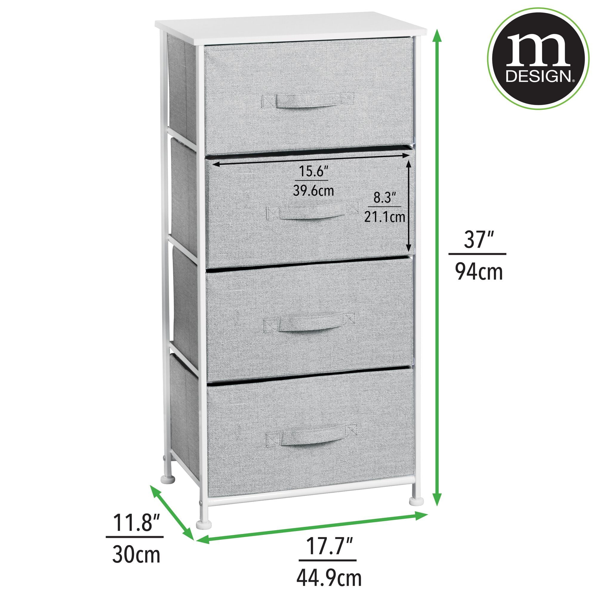 mDesign Tall Dresser Storage Tower Stand with 4 Removable Fabric Drawers - Steel Frame, Wood Top Organizer for Bedroom, Entryway, Closet - Lido Collection - Gray