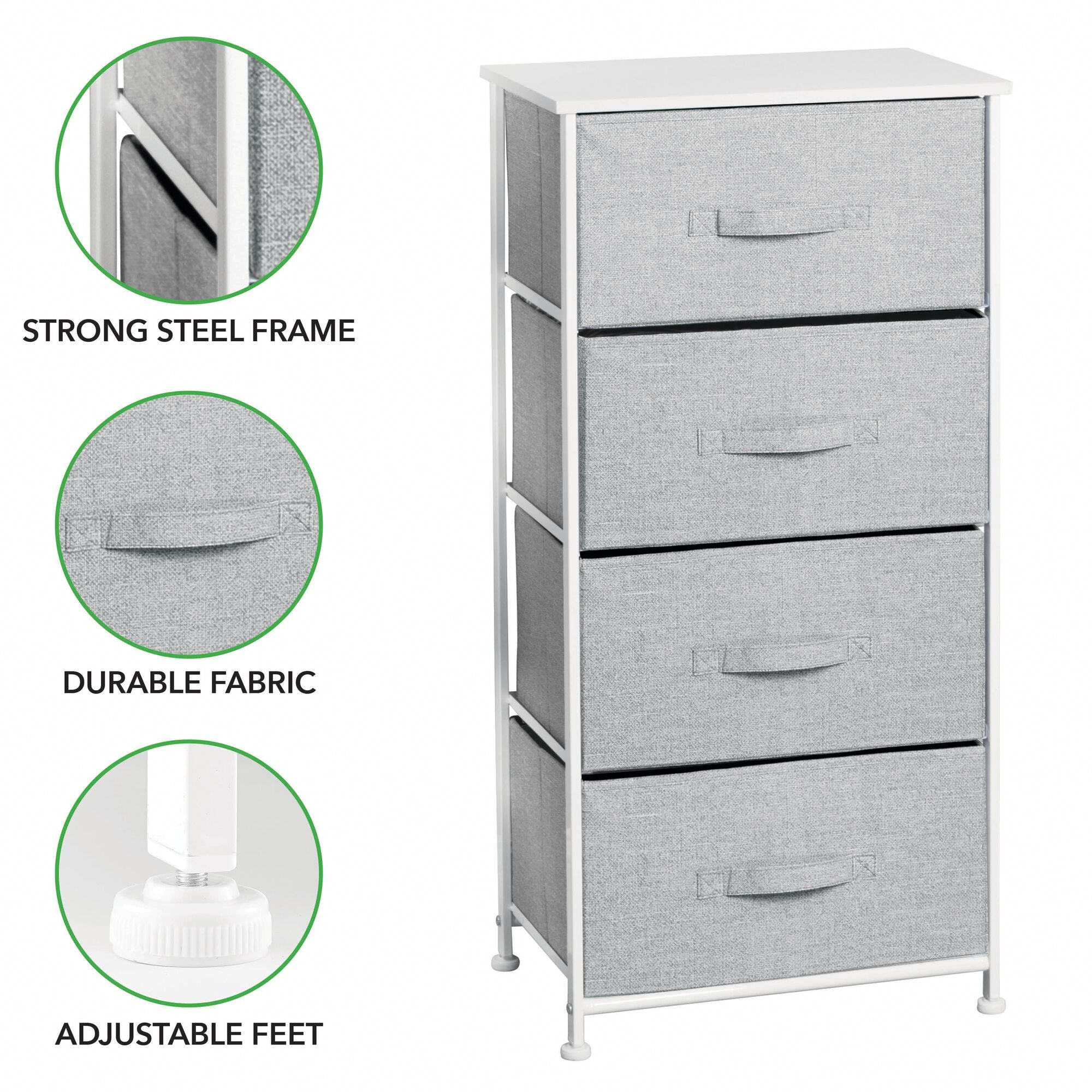 mDesign Tall Dresser Storage Tower Stand with 4 Removable Fabric Drawers - Steel Frame, Wood Top Organizer for Bedroom, Entryway, Closet - Lido Collection - Gray