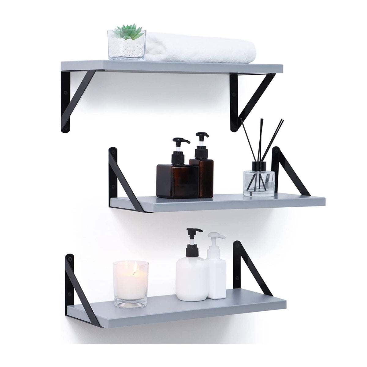 Fun Memories Floating Shelves Set of 3, 24" White Wooden Shelves Wall Mounted Shelves with Visible Metal Bracket