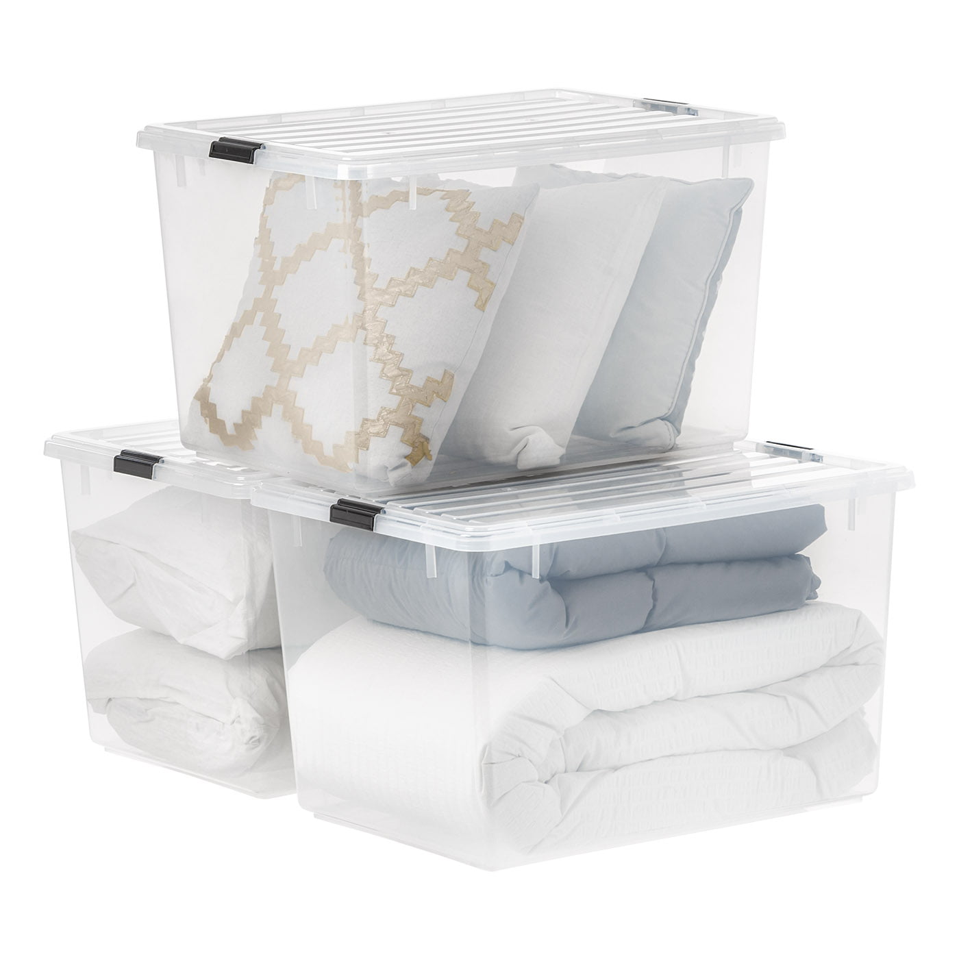 IRIS USA 132 Quart Large Storage Bin Utility Tote Organizing Container Box with Buckle Down Lid for Clothes Storage, Clear, Set of 3