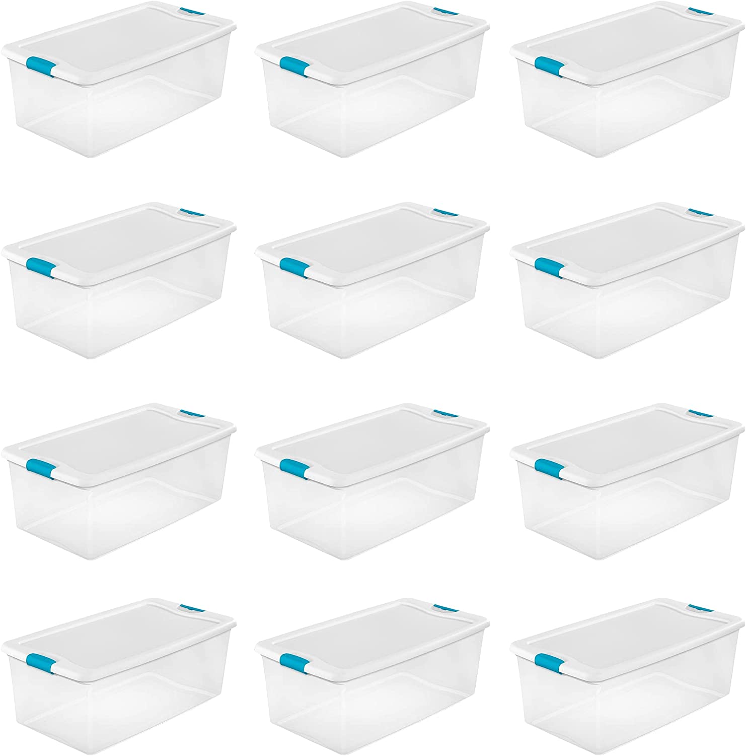 Sterilite Storage System Solution with 106 Quart Clear Stackable Storage Box Organization Containers with White Latching Lid, 12 Pack