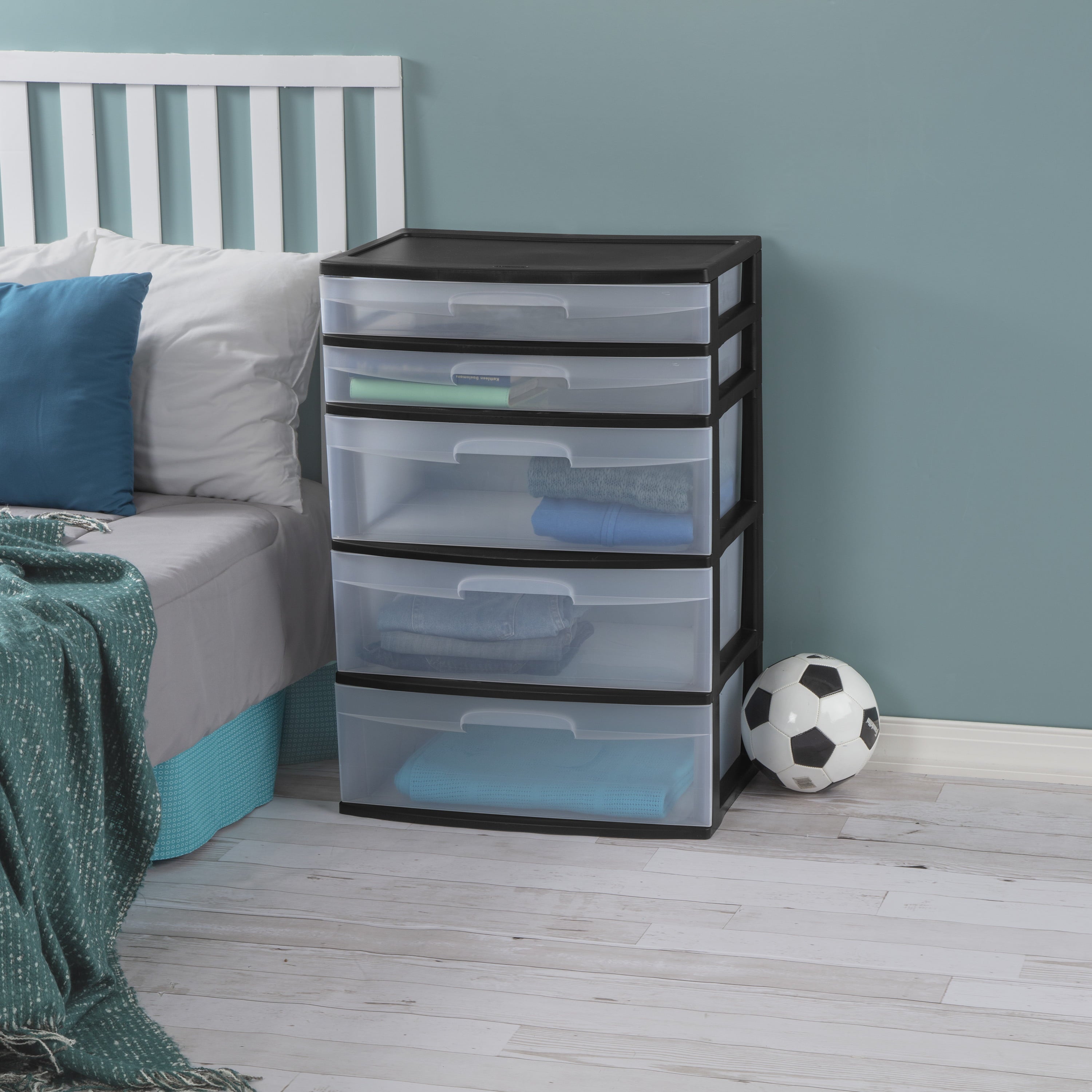 Sterilite Plastic 5 Drawer Wide Tower Black