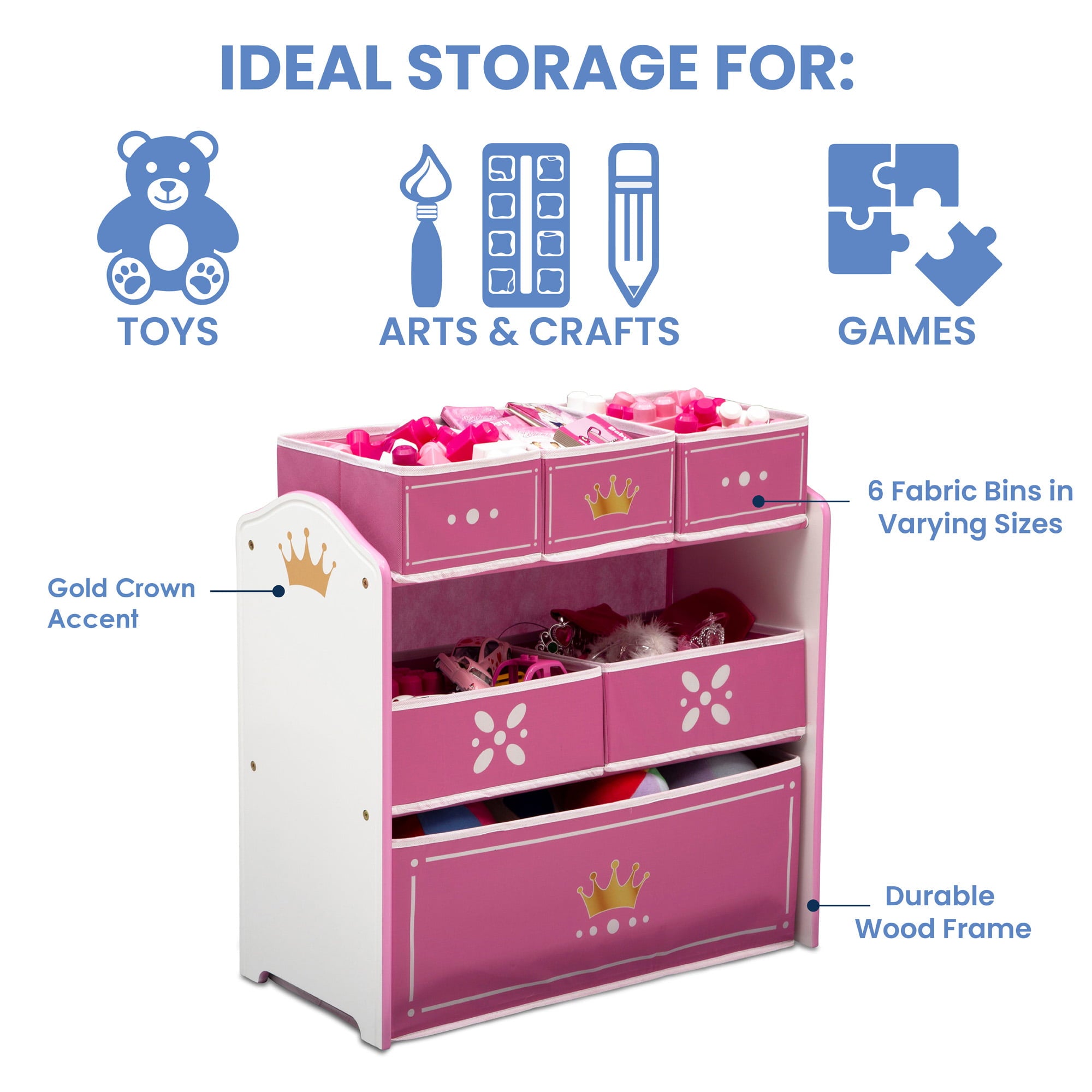 Delta Children Princess Crown 6 Bin Design and Store Toy Organizer - Greenguard Gold Certified