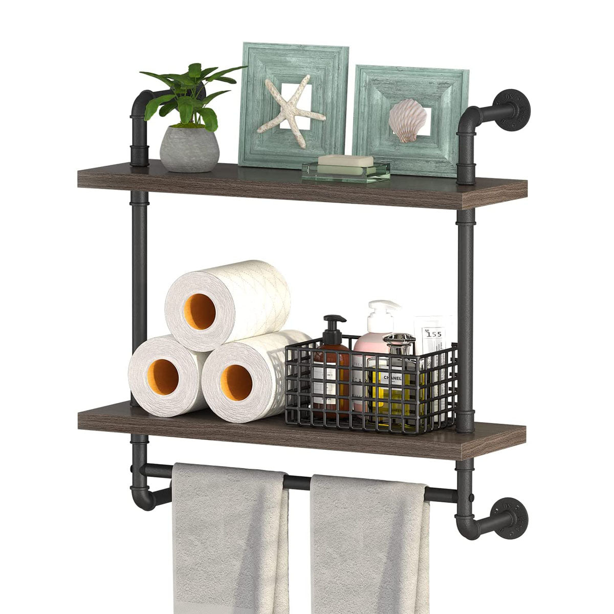 Helsin 24inch Industrial Pipe Shelving Bathroom Shelves Wall Mounted with Towel bar, 2 Tier Rustic Wood Floating Shelf