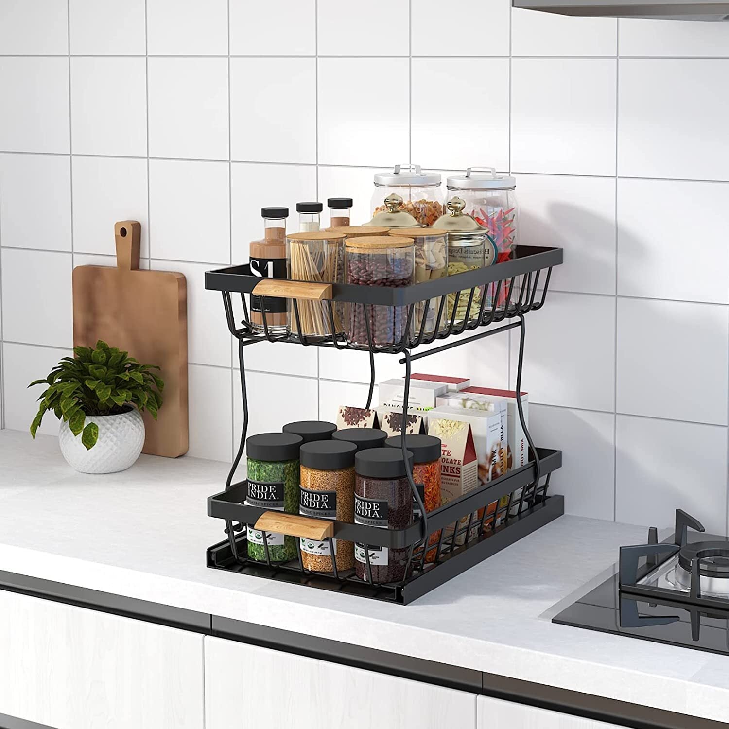 WERSEON Under the sink Rack 2 Layer Bathroom Kitchen Pull-Out Metal Shelf Organizer Black