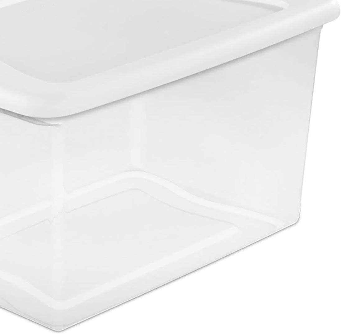 Sterilite Storage System Solution with 106 Quart Clear Stackable Storage Box Organization Containers with White Latching Lid, 12 Pack