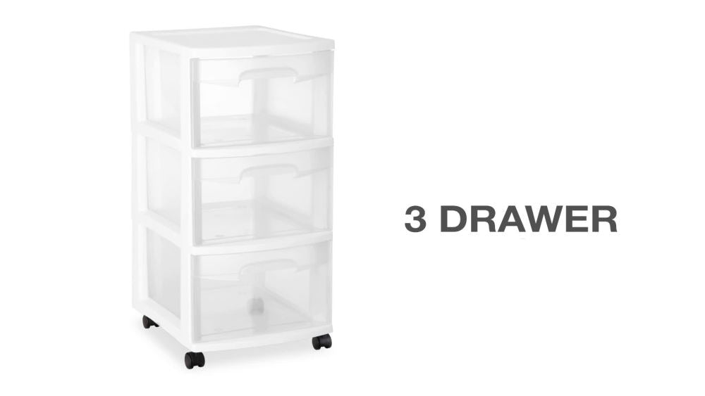 Sterilite 3 Drawer Cart, White with Clear Drawers, Adult