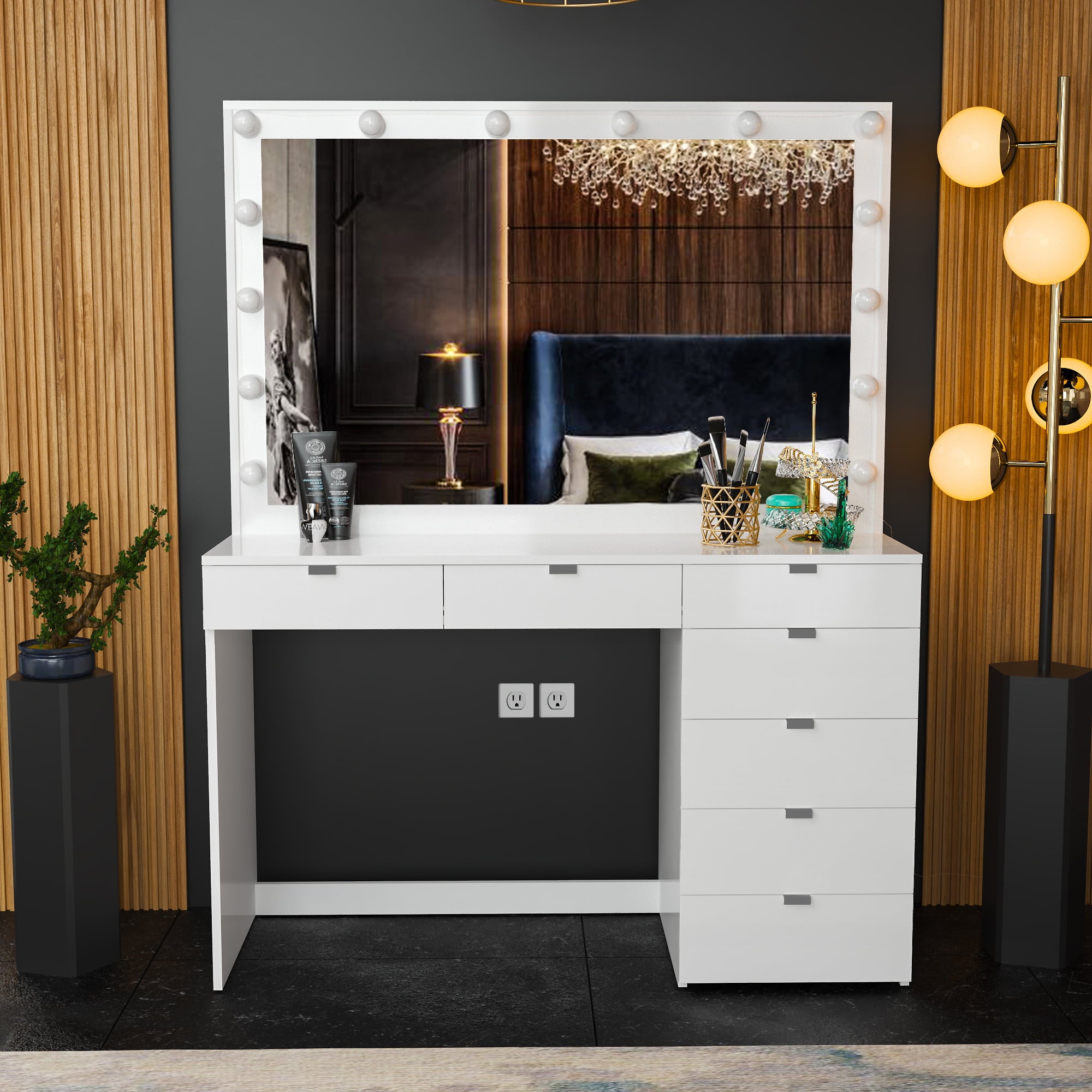 Boahaus Diana Modern Lighted Vanity Desk, White Finish, for Bedroom