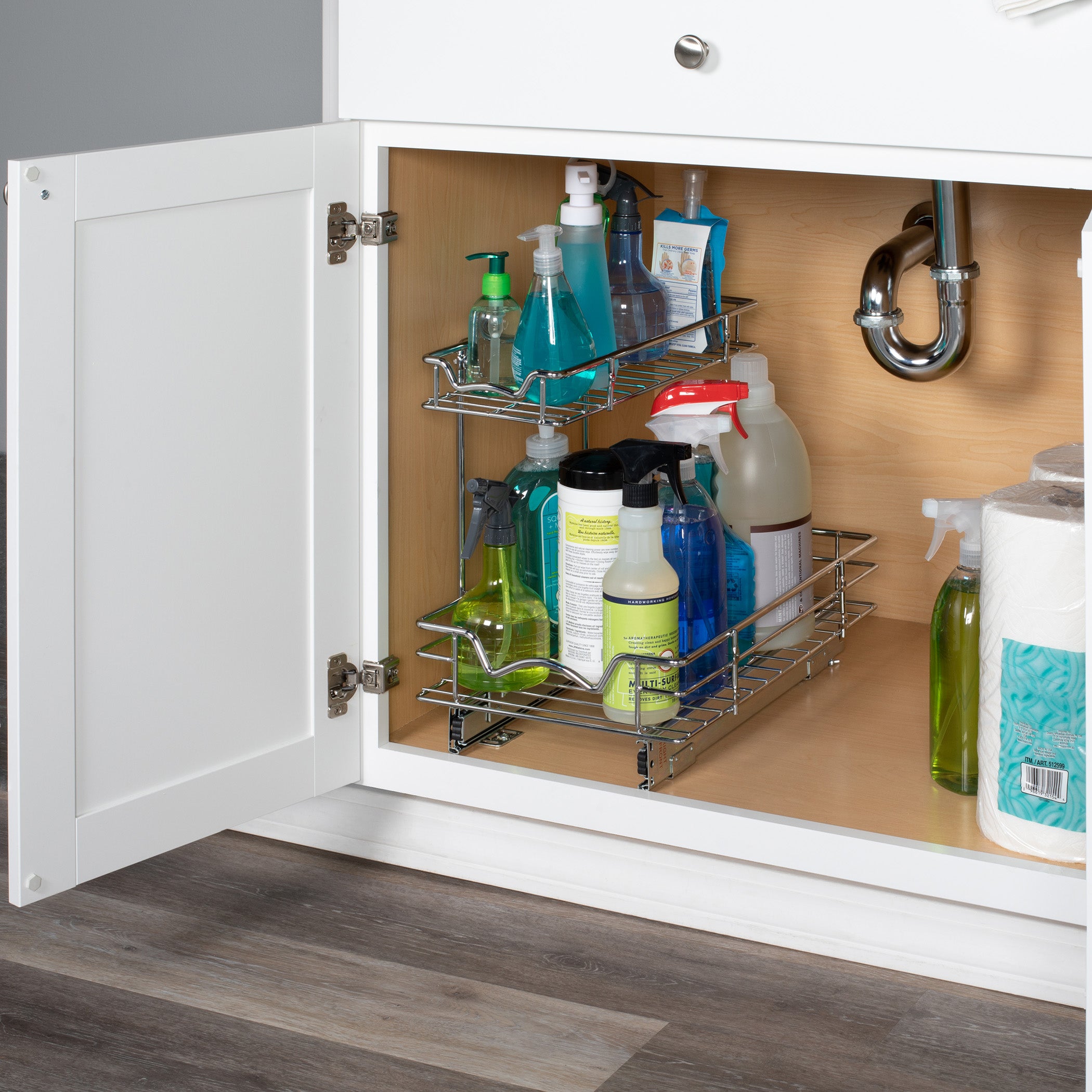 Under Sink Pull Out Organizer for Cabinet –Sliding Drawer Shelf Perfect for Vanity and Kitchen, Two Tier Roll Out Sliding Shelves