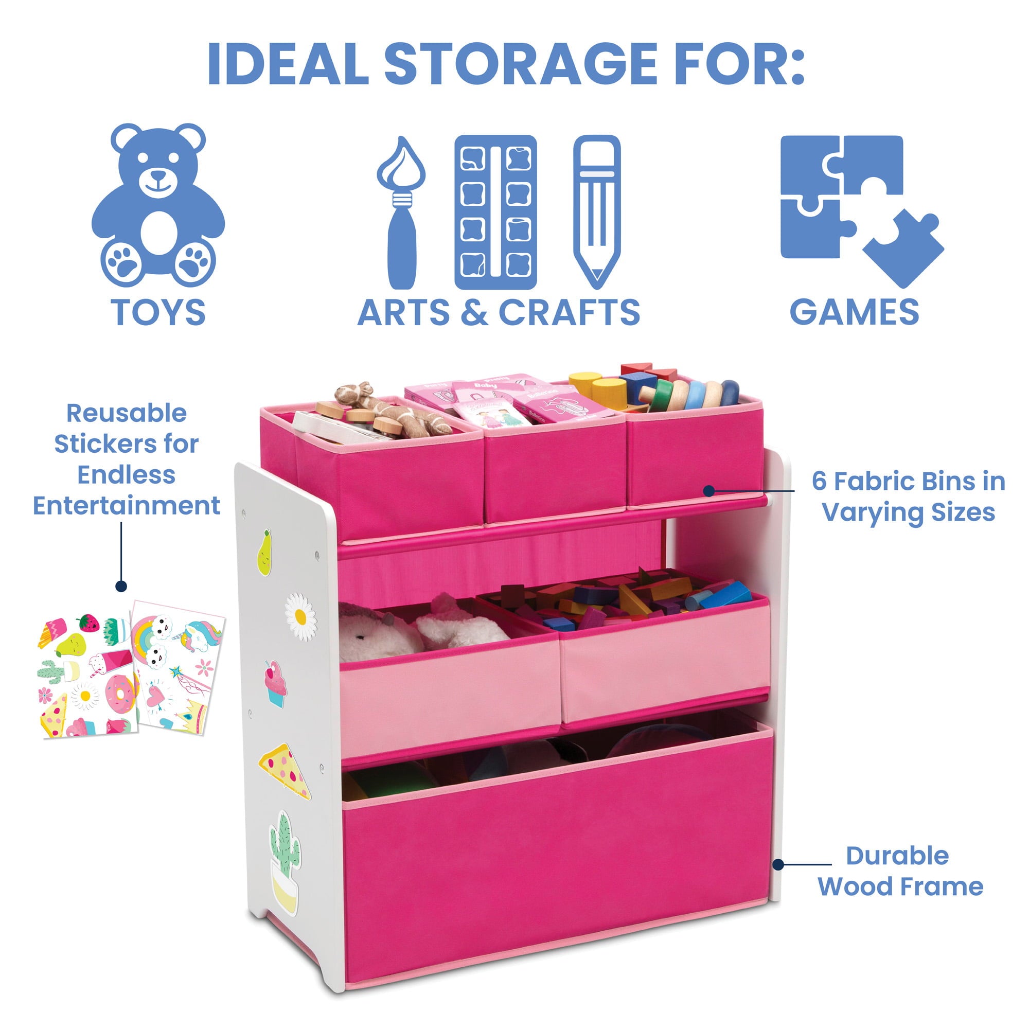 Delta Children 6 Bin Design and Store Toy Organizer, White/Pink