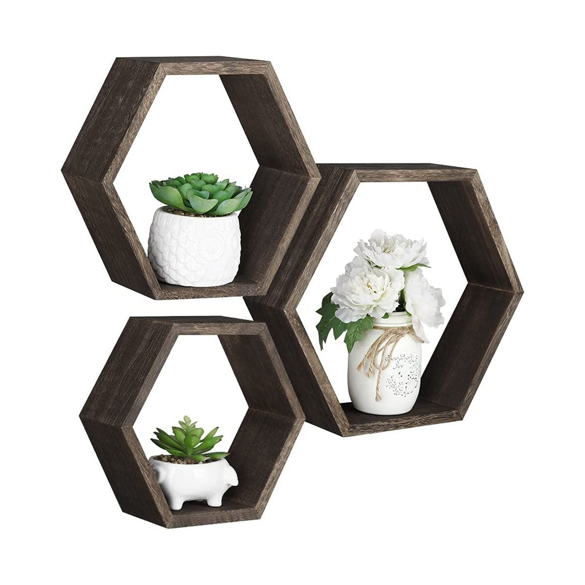 Hexagonal Floating Shelves Wall Mounted, Set of 5 Wood Farmhouse Storage Honeycomb Wall Shelf for Bathroom