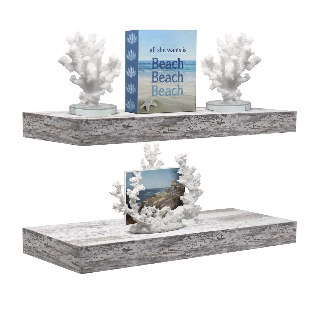 Home Zone Floating Shelf Set - Rustic Wood Coastal Beach Style Hanging Rectangle Wall Shelves for Home Décor, Trophy Display